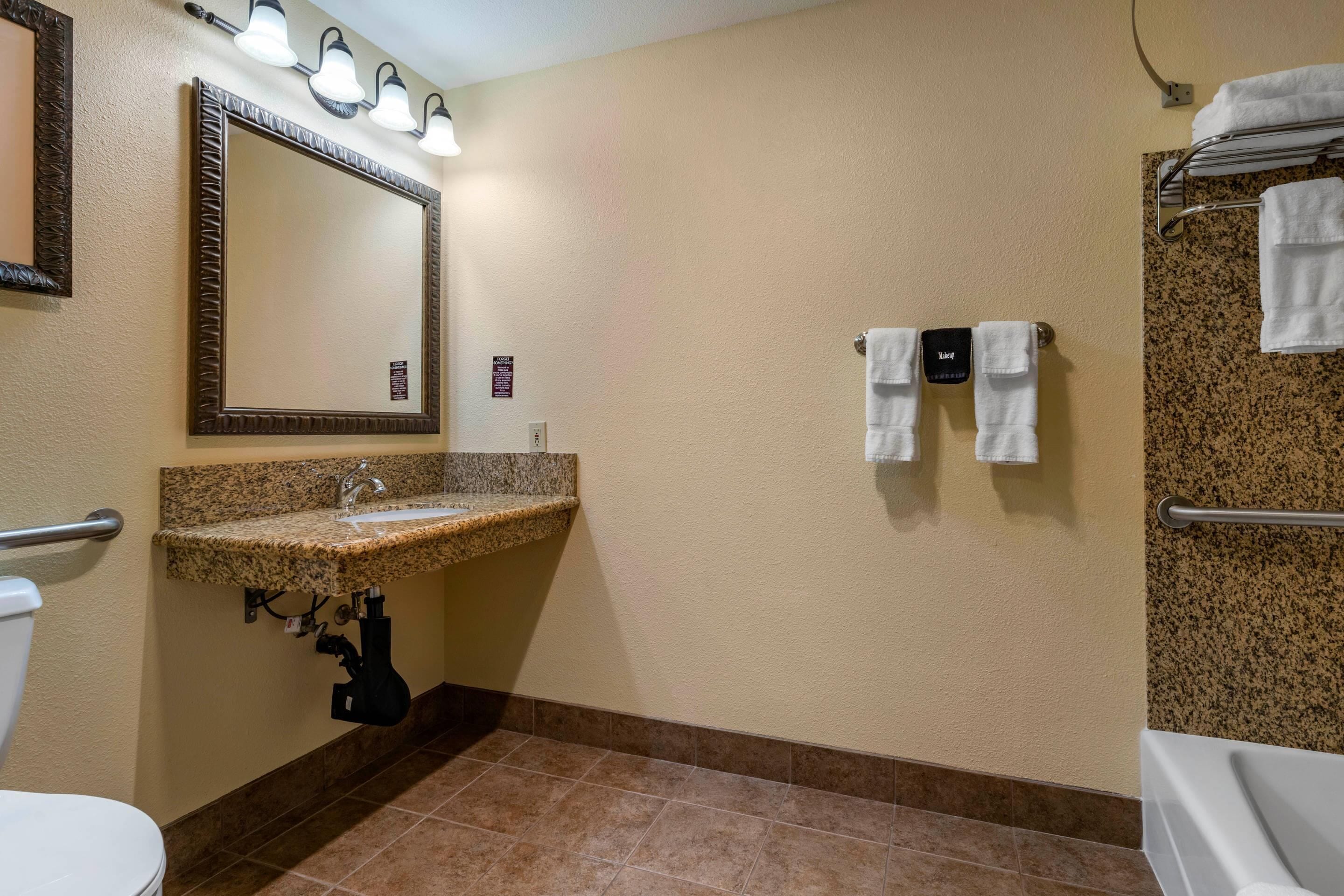 A bathroom with a granite sink, a mirror with lights, a towel rack, and a shower area.