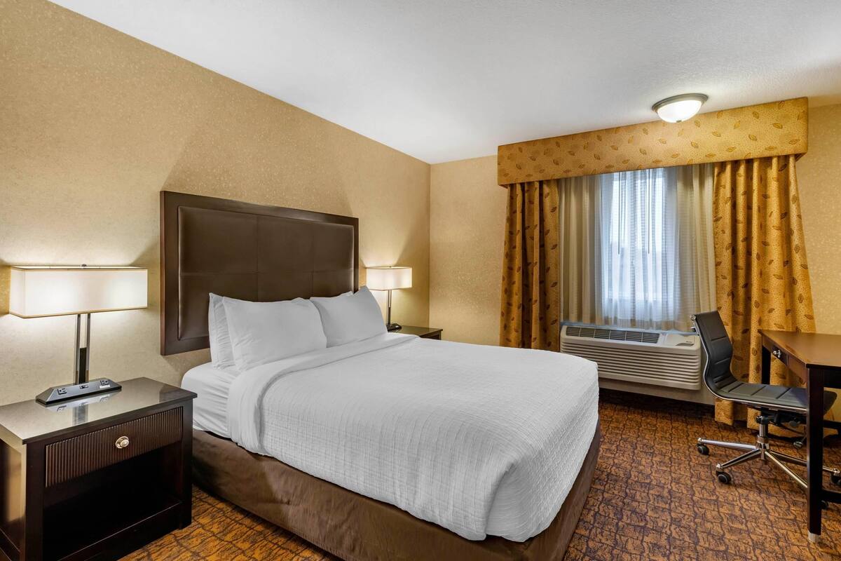 A hotel room with a bed, bedside lamps, a desk, an air conditioner, and a chair.