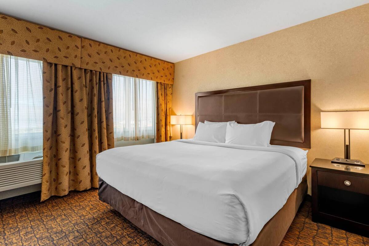 A hotel room with a large bed, a nightstand, a lamp, and a window with curtains.