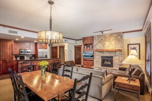 LCD TV, fireplace, DVD player, heated floors