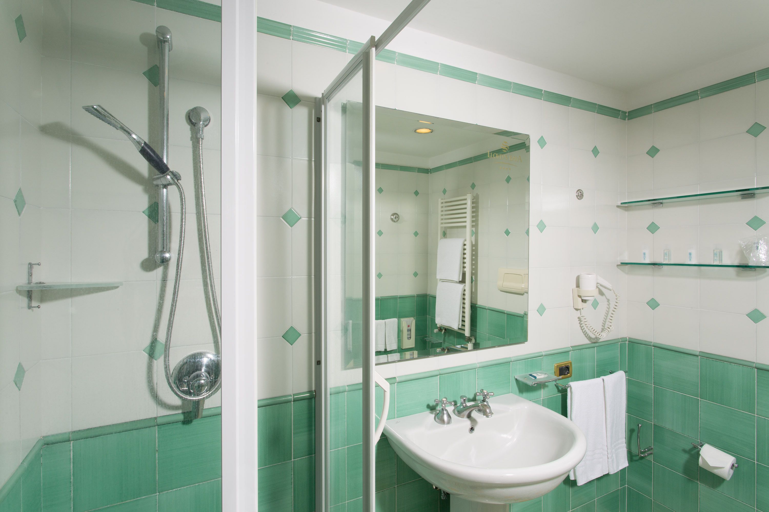 Een badkamer met douche, wastafel en spiegel.