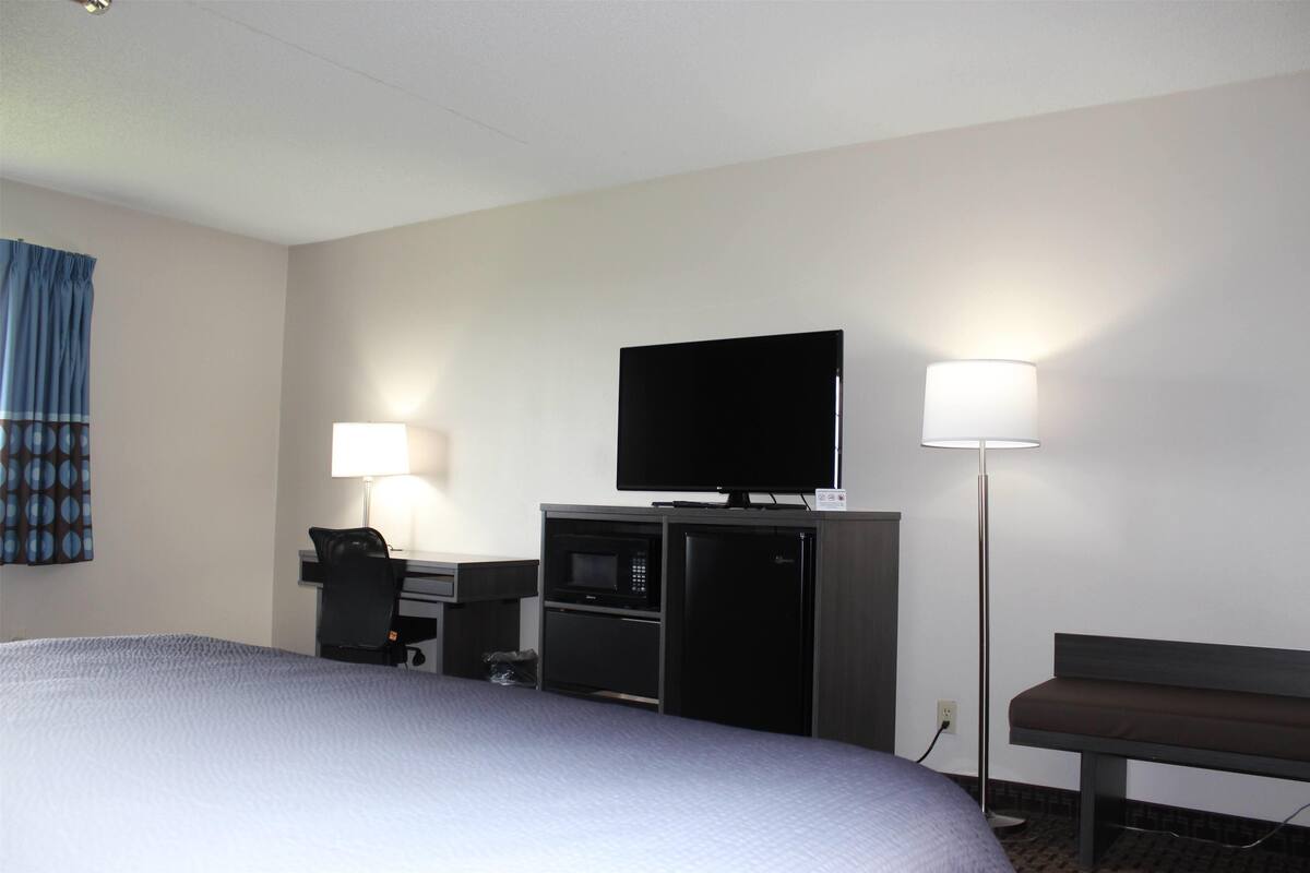 Een hotelkamer met een bed, bureau, televisie, magnetron en een bank.