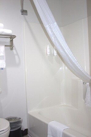 Bathroom features a bathtub, toilet, and shower area.