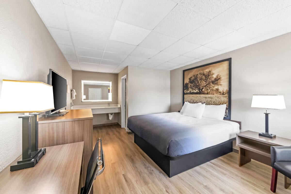 A hotel room with a bed, bedside table, desk, chair, TV, and a painting on the wall.