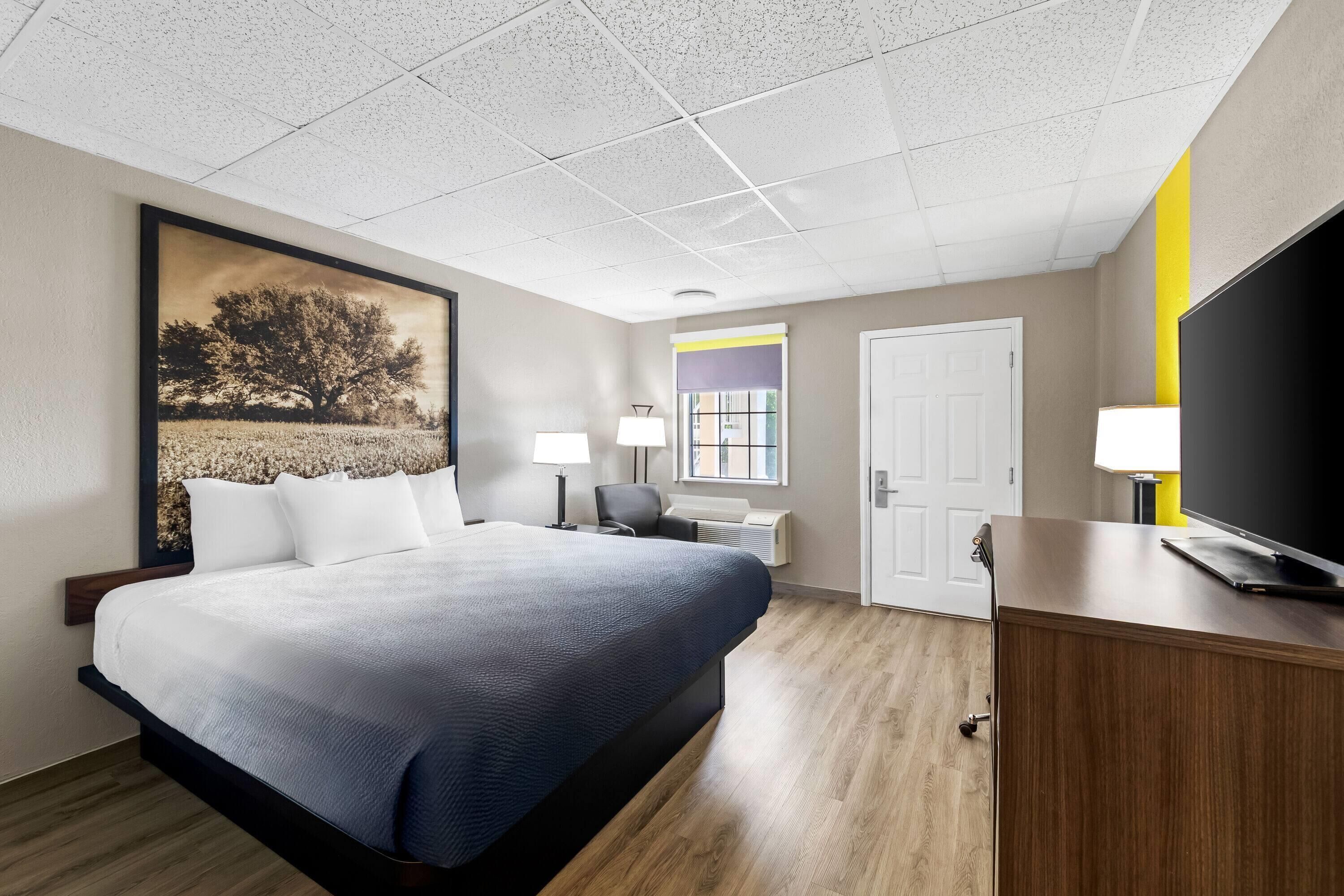 A hotel room with a large bed, a desk, a television, and a painting on the wall.