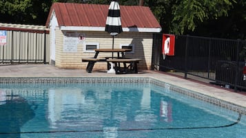 Outdoor pool, open 10 AM to 10 PM, pool umbrellas, pool loungers