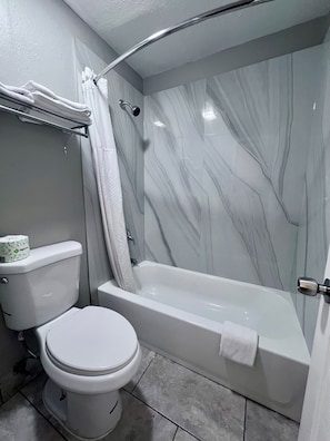 Combined shower/bathtub, free toiletries, hair dryer, towels