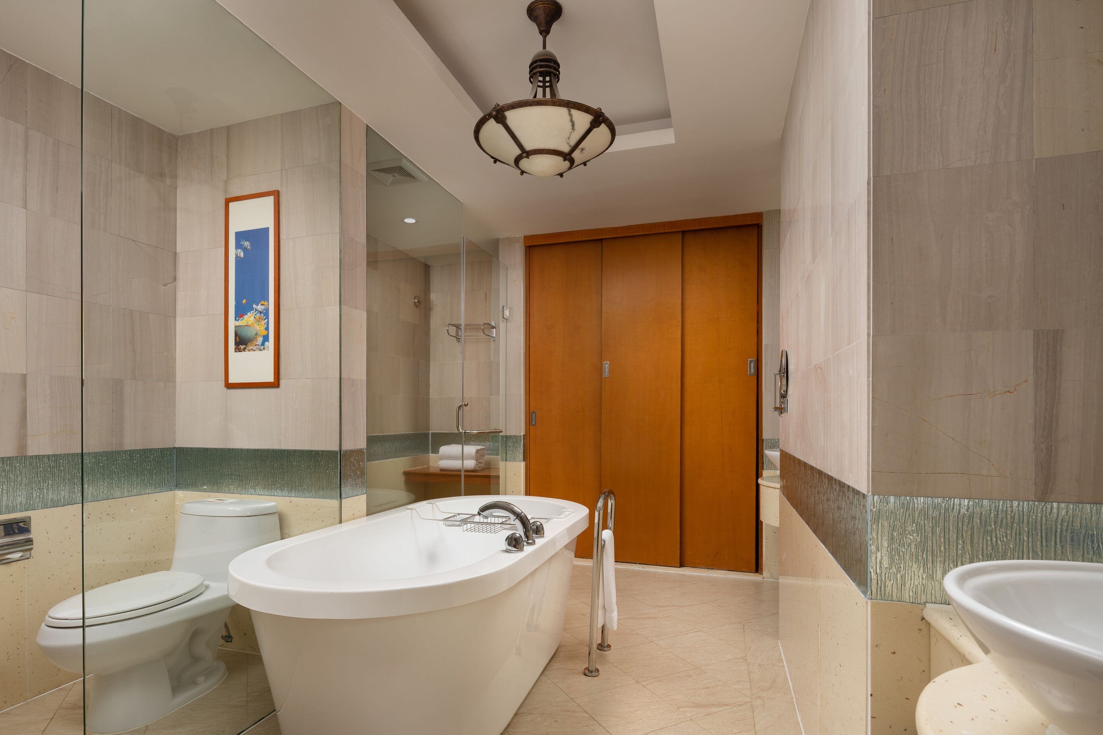 Un baño moderno con una bañera independiente, un inodoro y una zona de ducha.