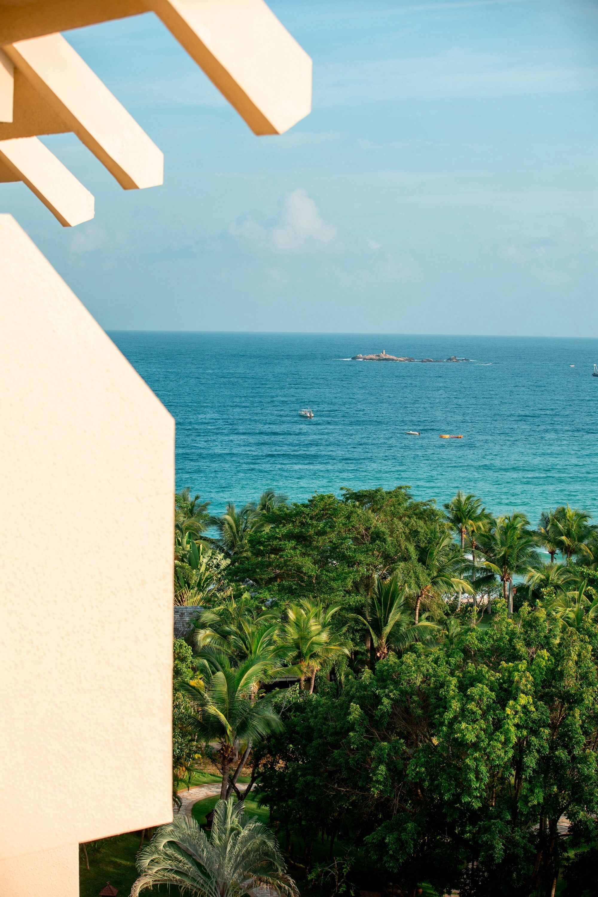 A view of a tropical beach with palm trees and the ocean.