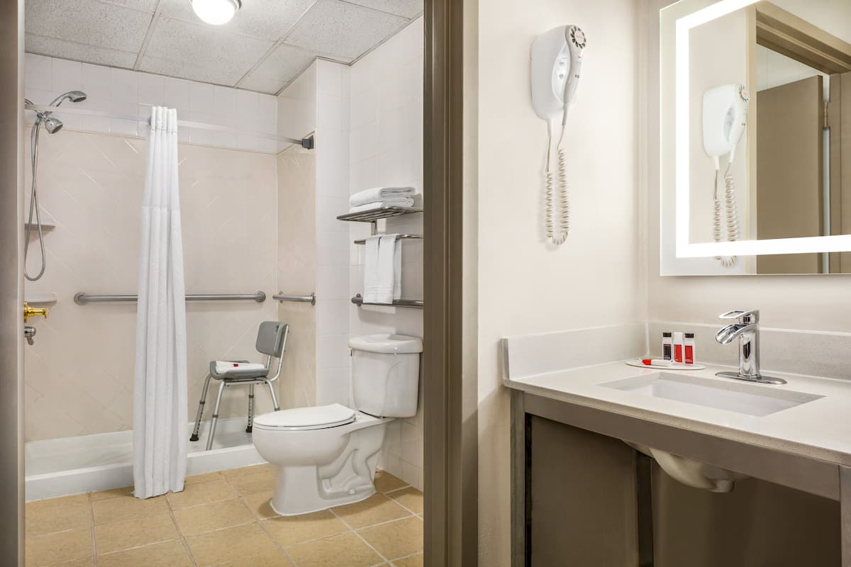 A bathroom with a shower, toilet, and a sink with a mirror.