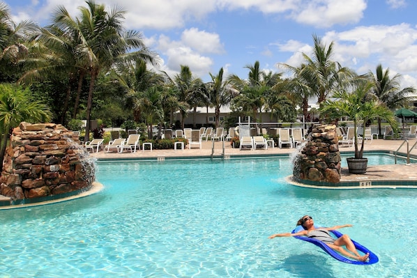 Outdoor pool, pool umbrellas, pool loungers