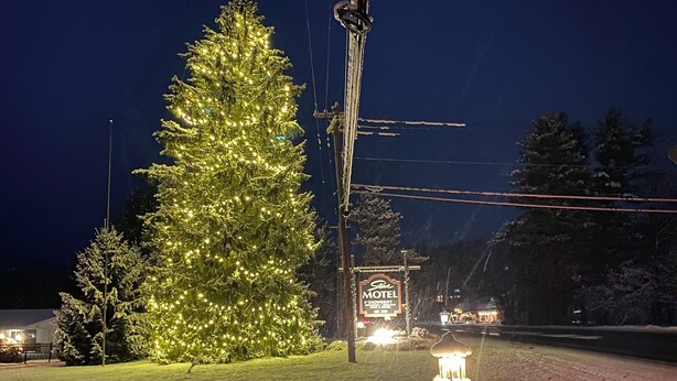 A snow-covered landscape with a lit Christmas tree and a motel sign in the background. - Stowe Motel & Snowdrift (Stowe)