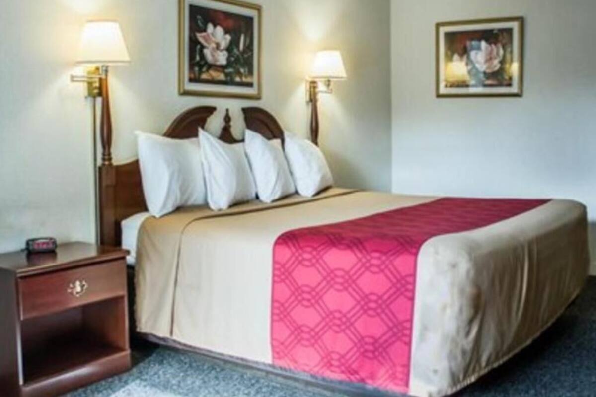 Une chambre d’hôtel avec un lit, deux lampes de chevet, une table de nuit et deux tableaux encadrés accrochés au mur.