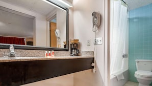 Un baño con lavamanos, espejo, secador de pelo y retrete.