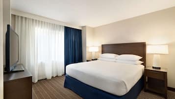 A hotel room with a large bed, two bedside tables with lamps, a flat-screen TV on a stand, and a large window with curtains.