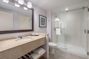 Bathroom shower at Embassy Suites Boston Logan Airport
