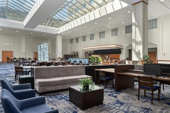Hotel entrance and lobby at Embassy Suites Boston Logan Airport