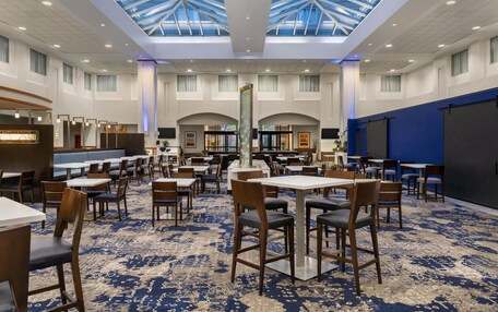 A spacious hotel lobby with a high ceiling, large windows, and a blue carpet.