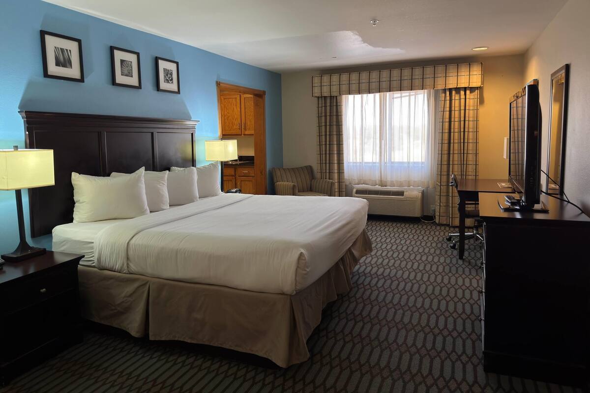 Une chambre d’hôtel avec un grand lit, un bureau avec une télévision, une chaise, une lampe de bureau, une armoire et une fenêtre avec des rideaux.