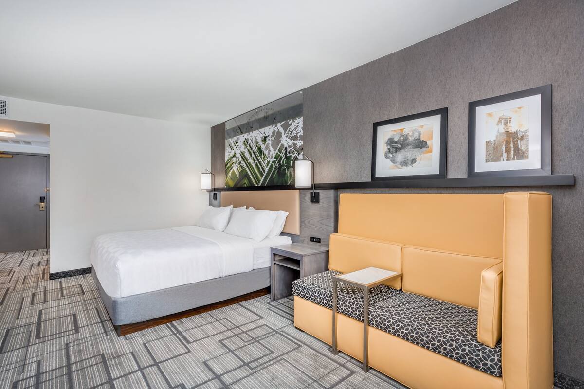A hotel room with a bed, a sofa, a nightstand, and framed artwork on the wall.