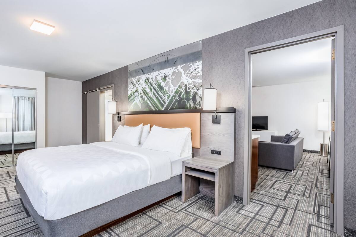 A modern hotel room with a large bed, a desk, a chair, a TV, and a bathroom with a shower and toilet.