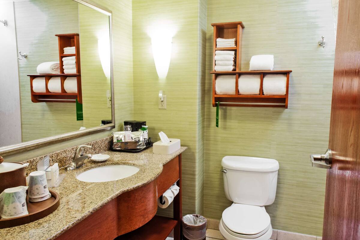A bathroom with a granite countertop sink, a mirror, a toilet, and two towel racks.