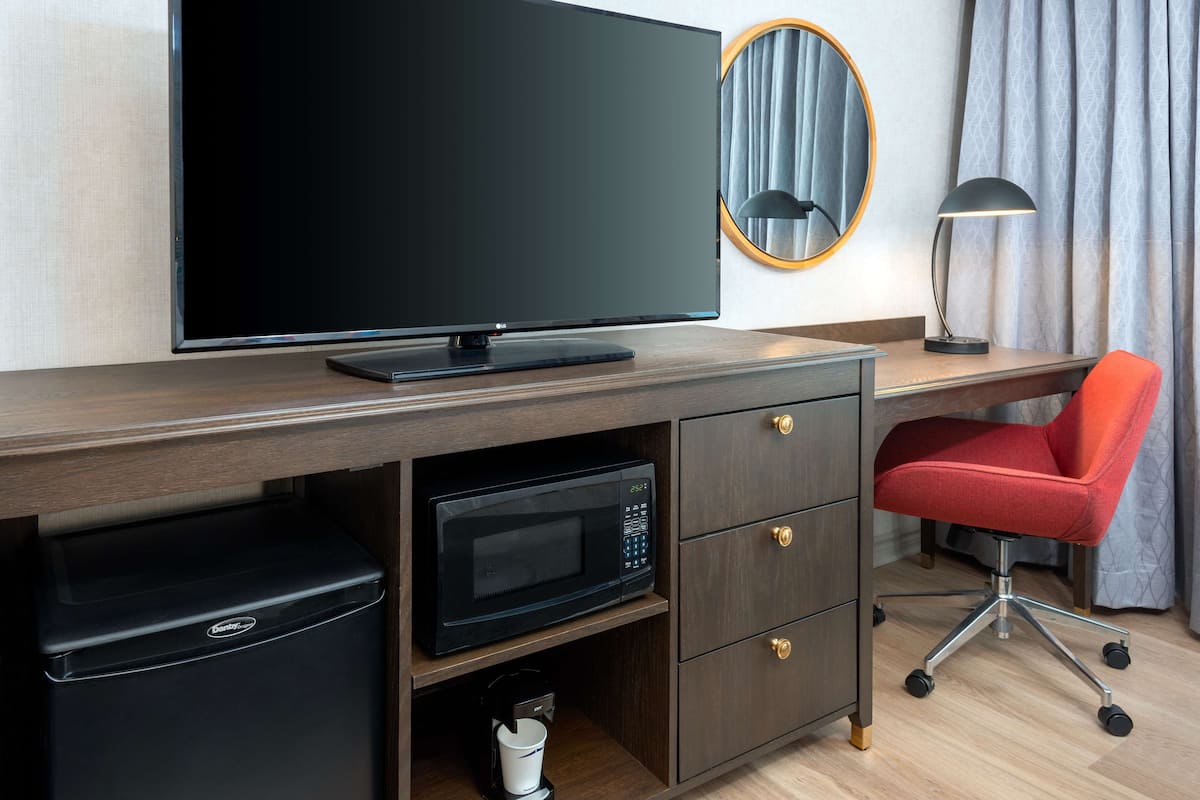 hypo-allergenic bedding, desk, blackout curtains, iron/ironing board