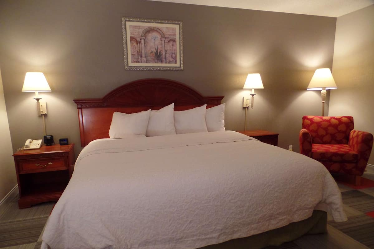 Quarto de hotel com uma cama grande, duas luminárias de cabeceira, uma cadeira, mesa de cabeceira com telefone e um quadro na parede.