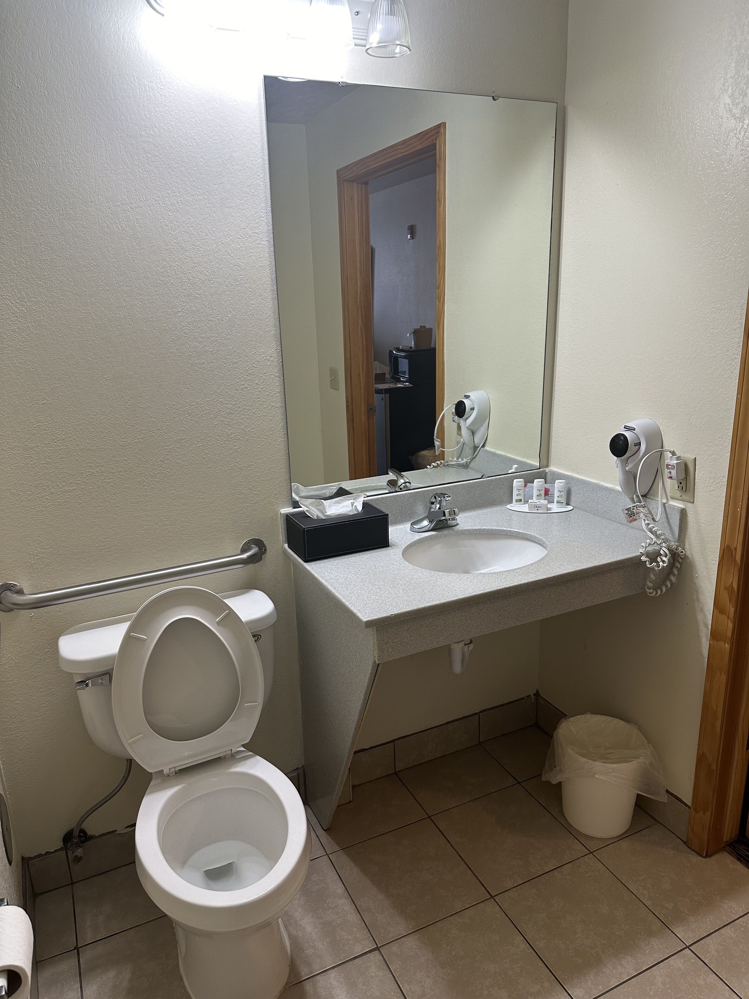 A bathroom with a toilet, sink, and mirror.