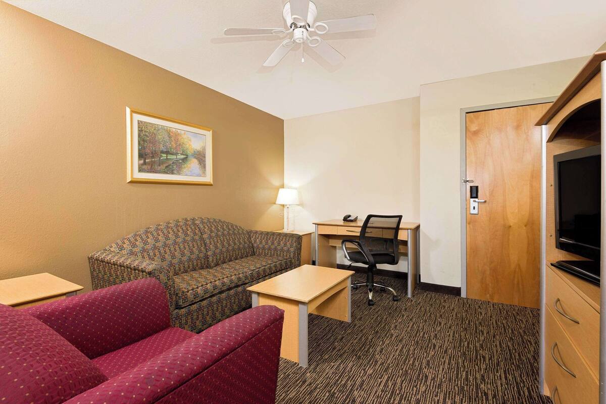 Une chambre d’hôtel avec un canapé à motifs, un fauteuil rouge, un bureau avec une chaise, une télévision et un tableau au mur.