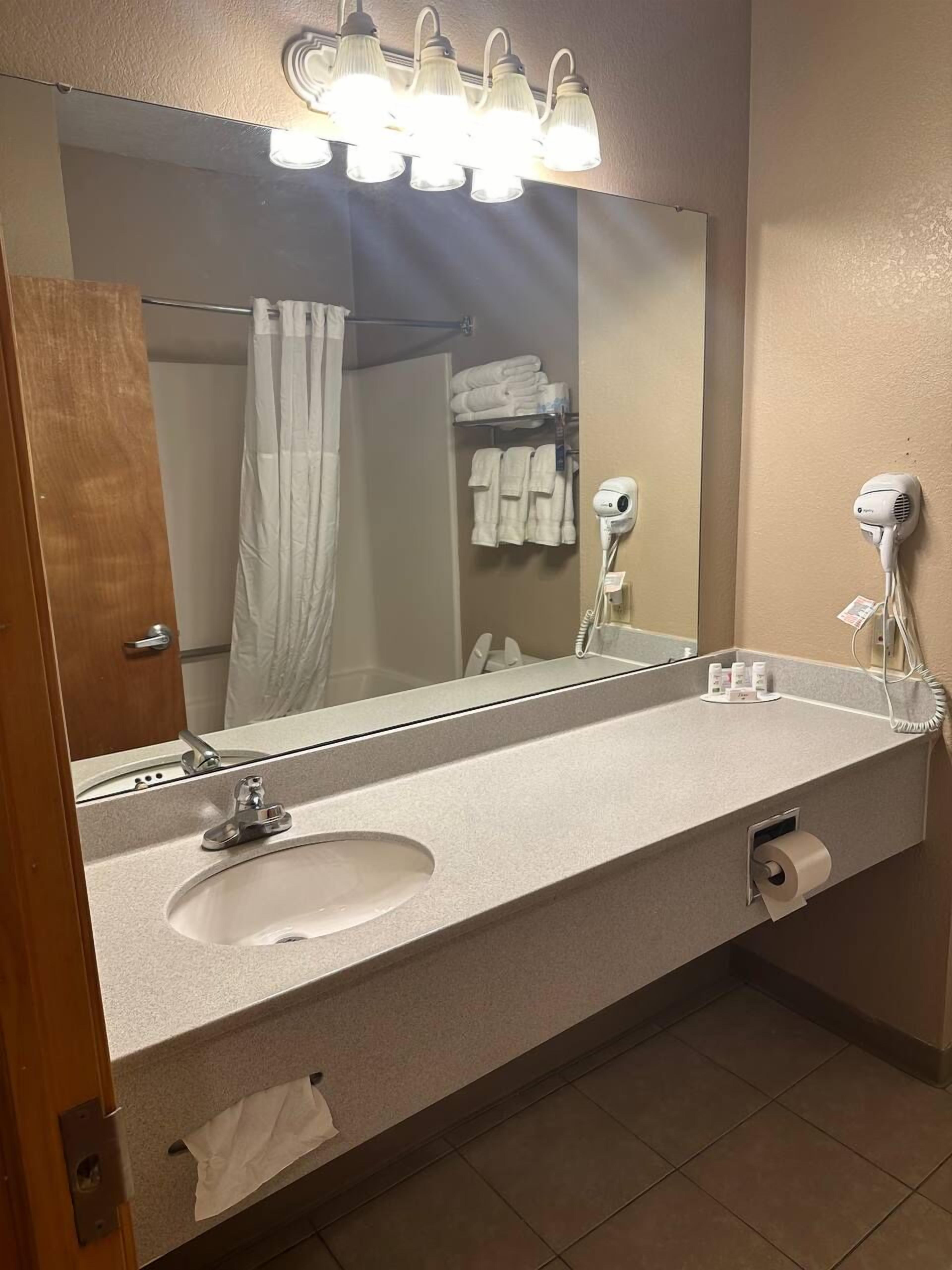 A bathroom with a large mirror, a sink, a towel rack, and a hairdryer.