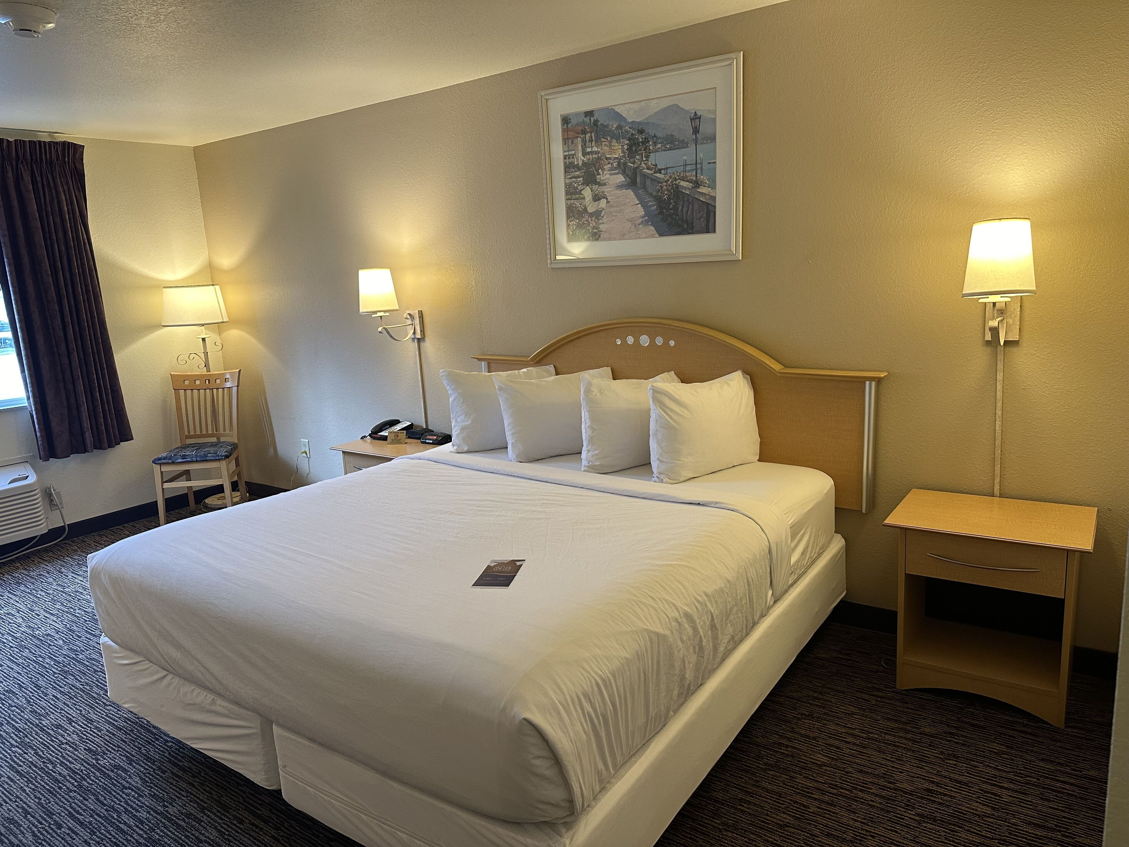Une chambre d’hôtel avec un grand lit, deux lampes de chevet, une table de nuit, une chaise, un tableau encadré au mur et une fenêtre avec des rideaux.