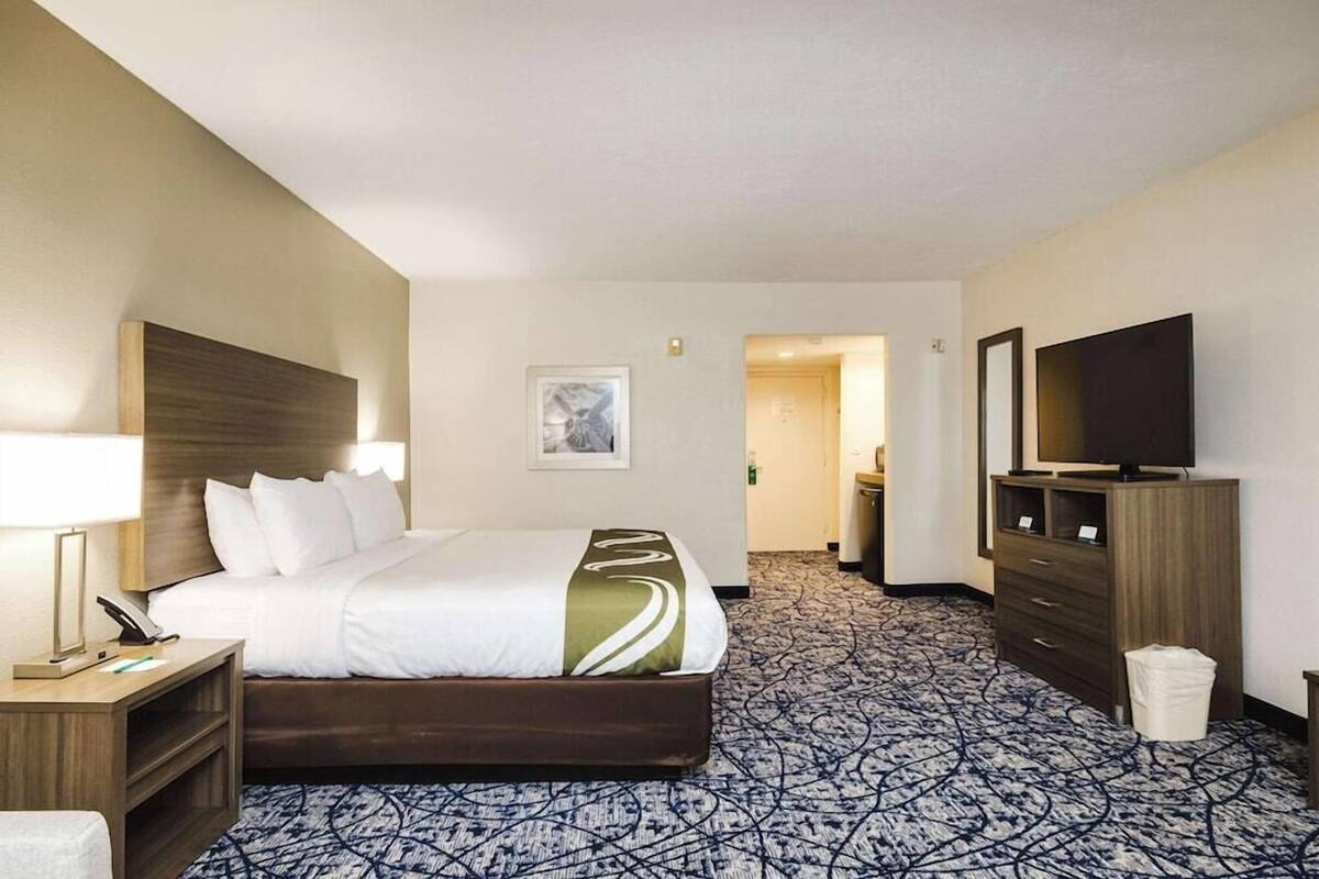 A hotel room with a bed, a desk with a lamp, a television on a stand, and a patterned carpet.