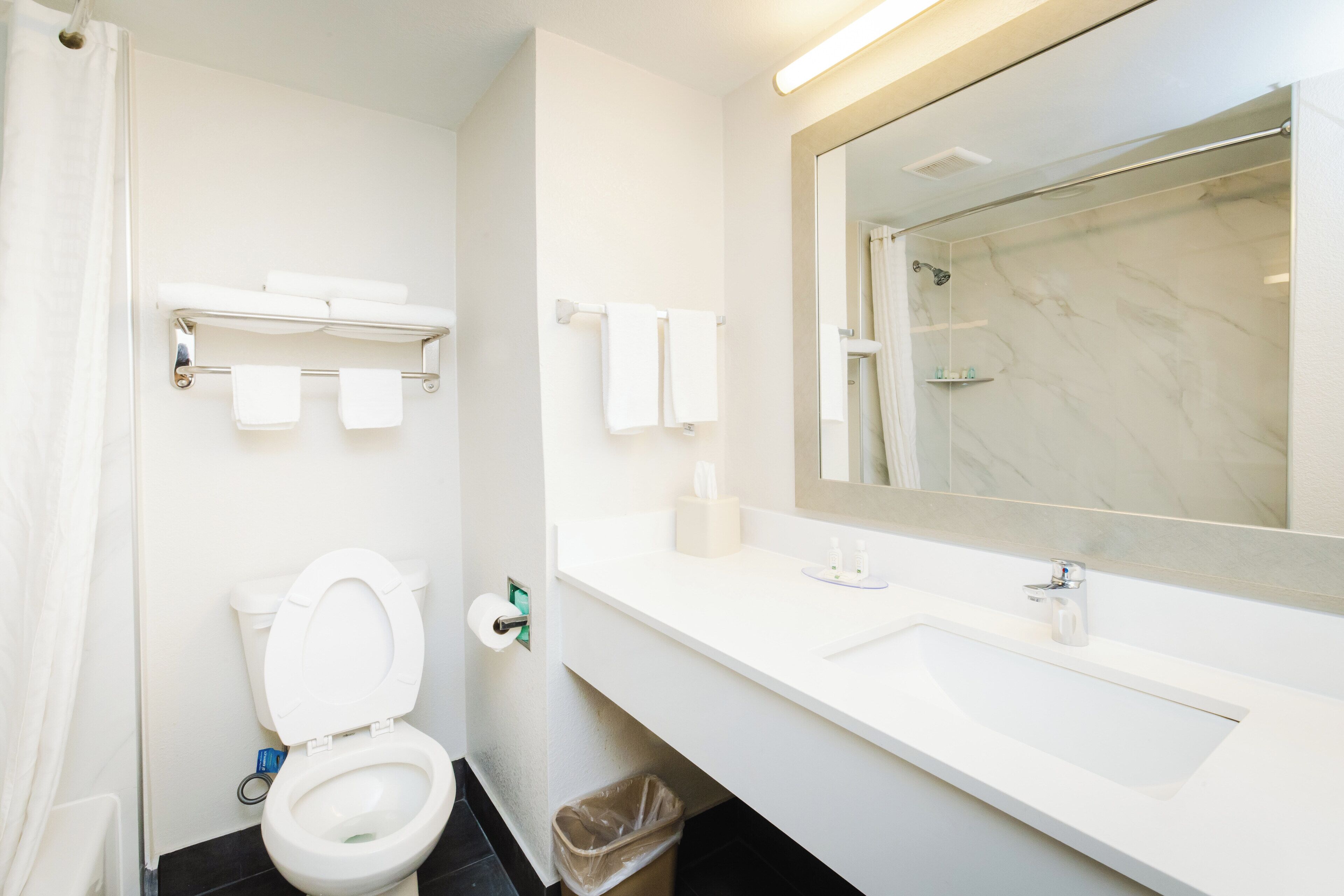 combined shower/bathtub, hair dryer, towels, soap