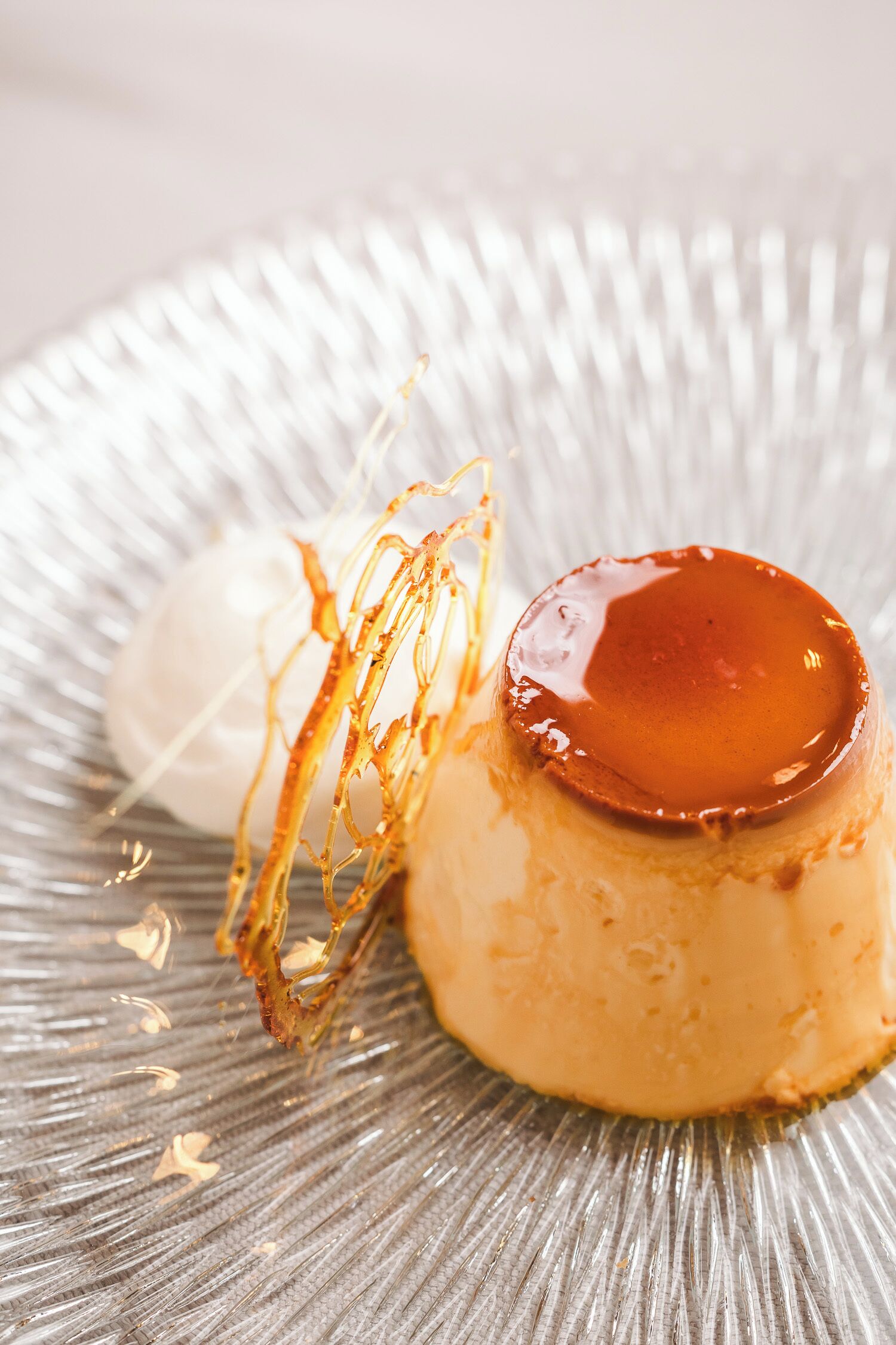 A dessert on a textured plate.