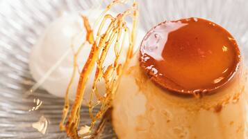 A dessert on a textured plate.