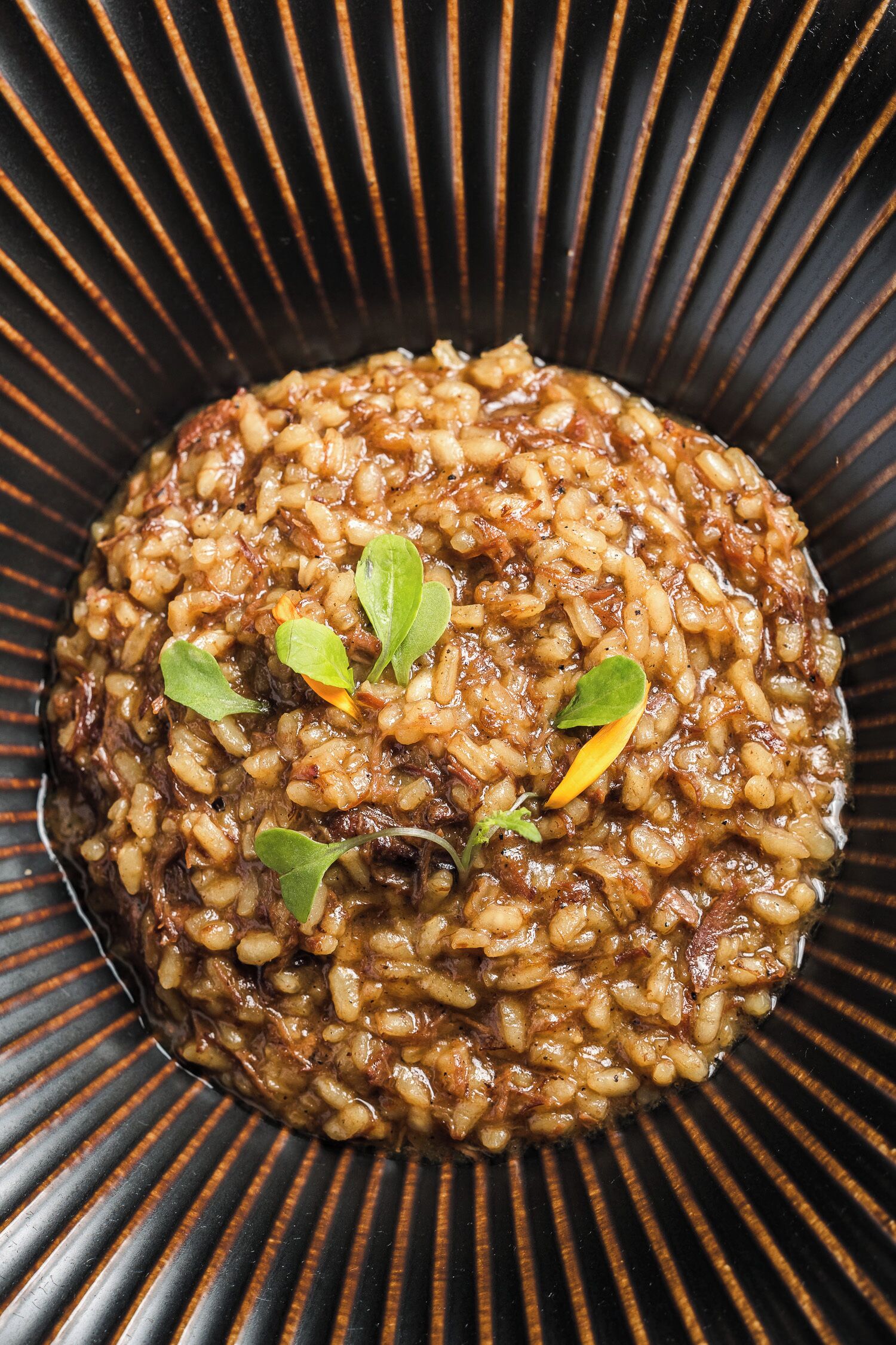 A close-up of a dish with grains and herbs.