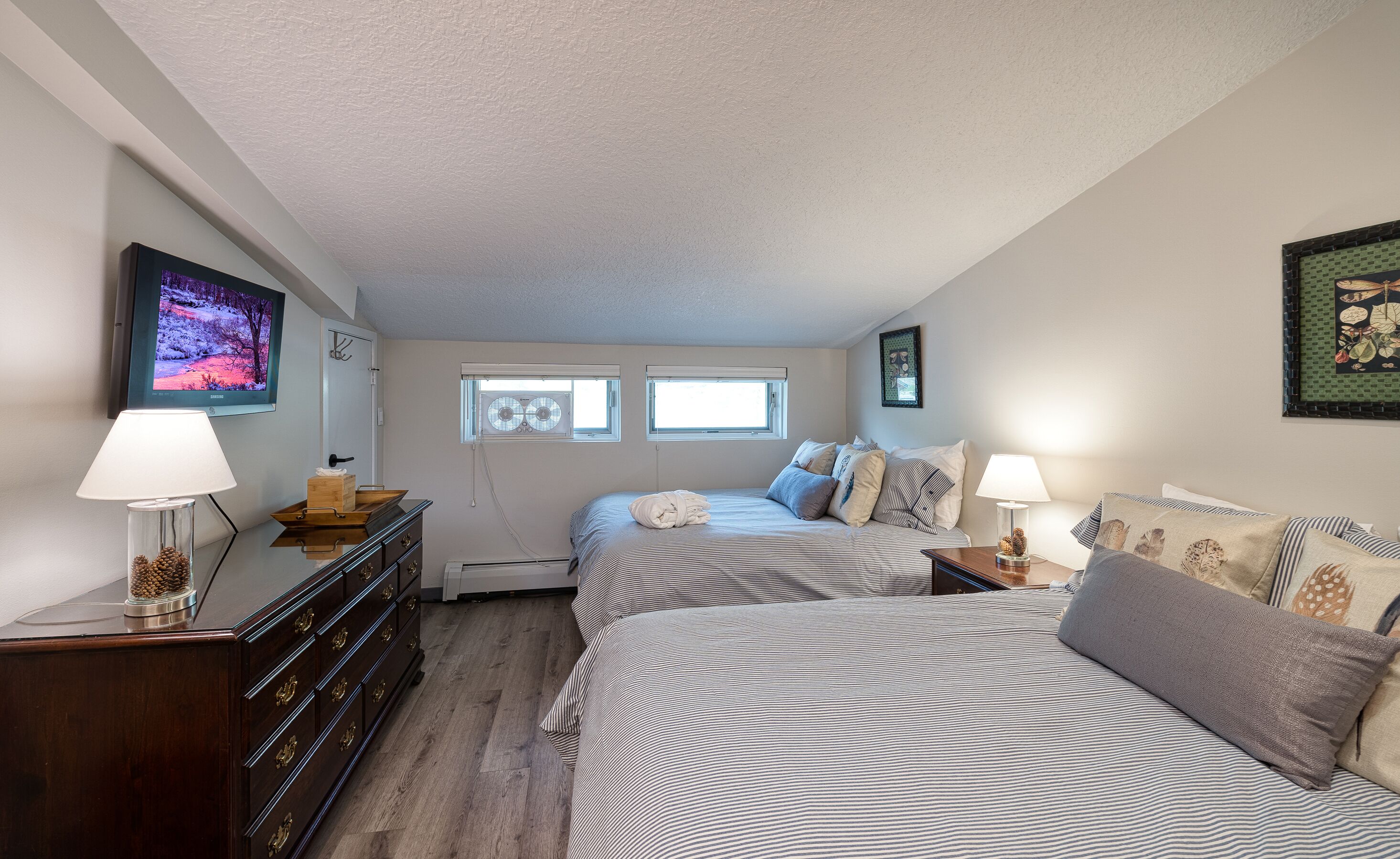 A bedroom with two beds, a dresser, a TV, and two windows.