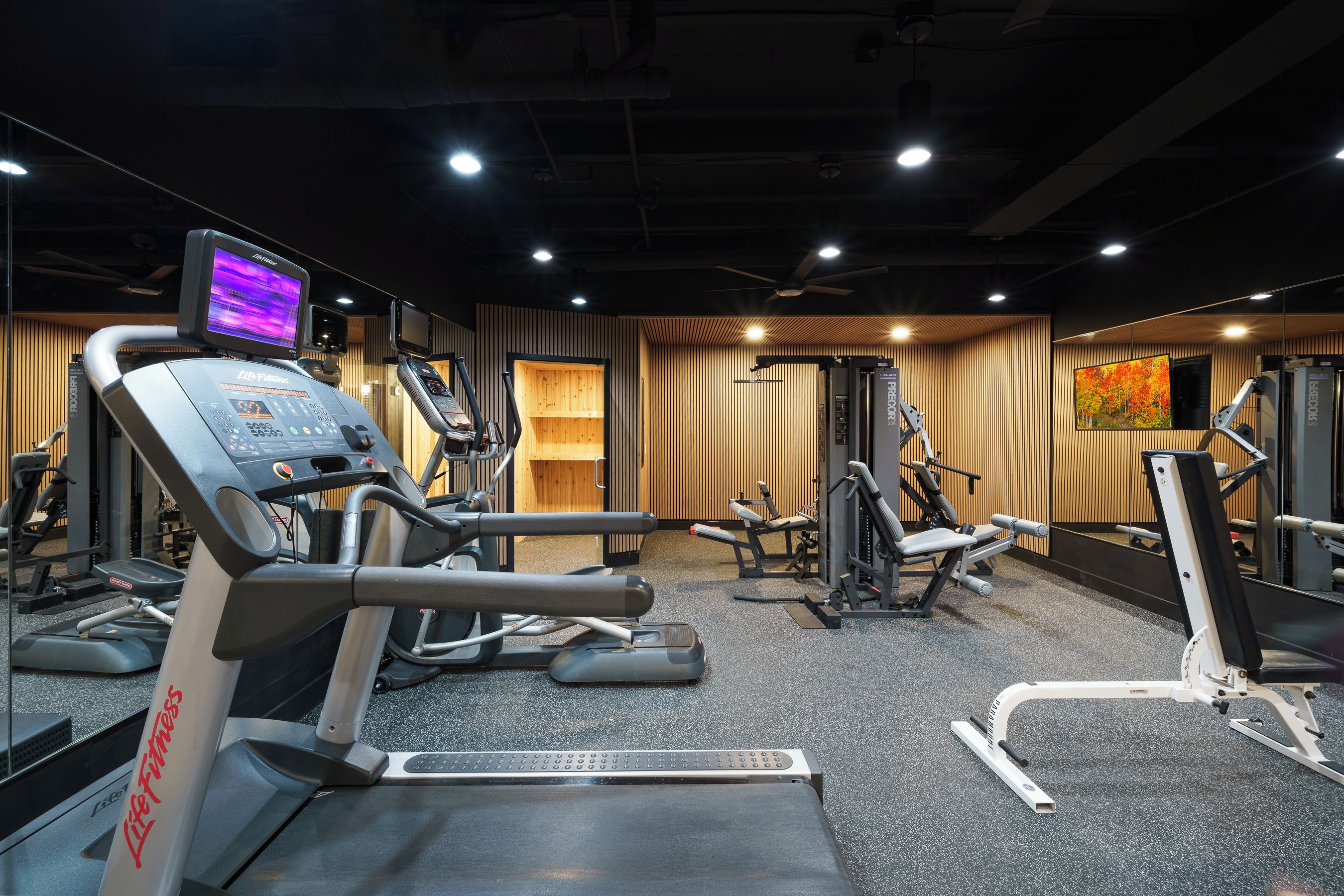 A gym with various exercise equipment, including treadmills and weight machines.