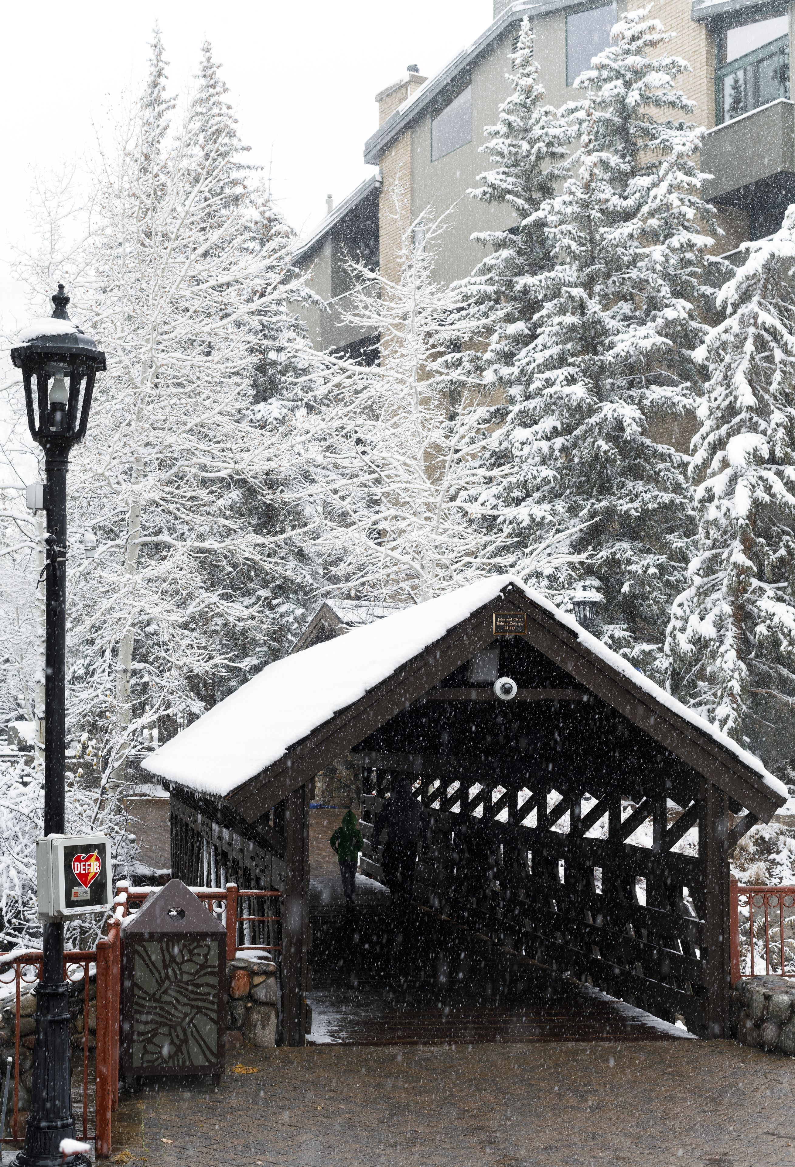 Un puente cubierto de madera con nieve en el techo y árboles a su alrededor.