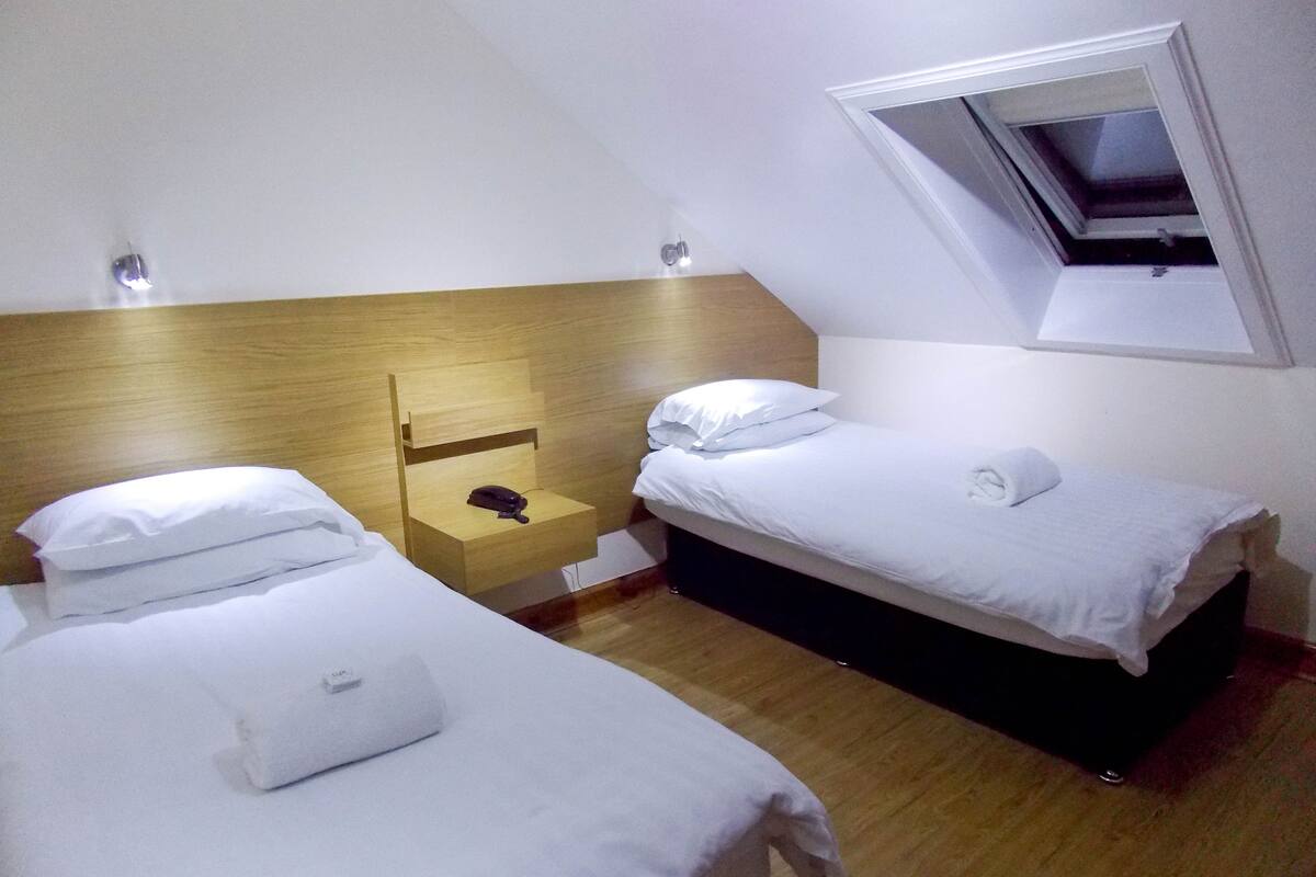 A room with two single beds, a wooden headboard, a bedside table with a phone, and a window with a view.