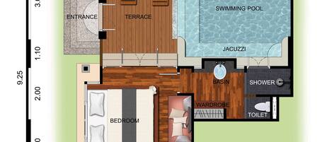 Distribución de una villa con piscina hidroterapéutica, terraza, dormitorio, sala de estar y baño.