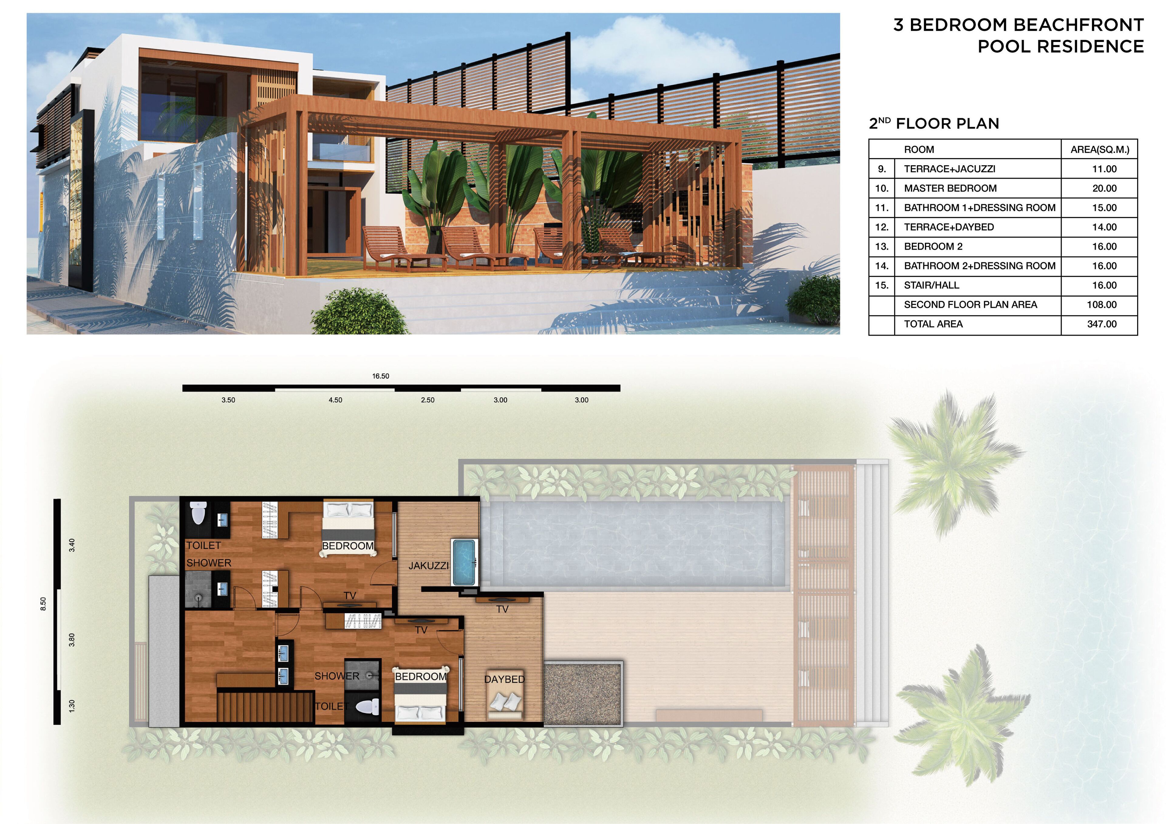 A 3-bedroom beachfront pool residence with a second-floor plan detailing room areas and a total area of 347 sq.m.