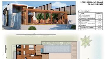 A 3-bedroom beachfront pool residence with a second-floor plan detailing room areas and a total area of 347 sq.m.