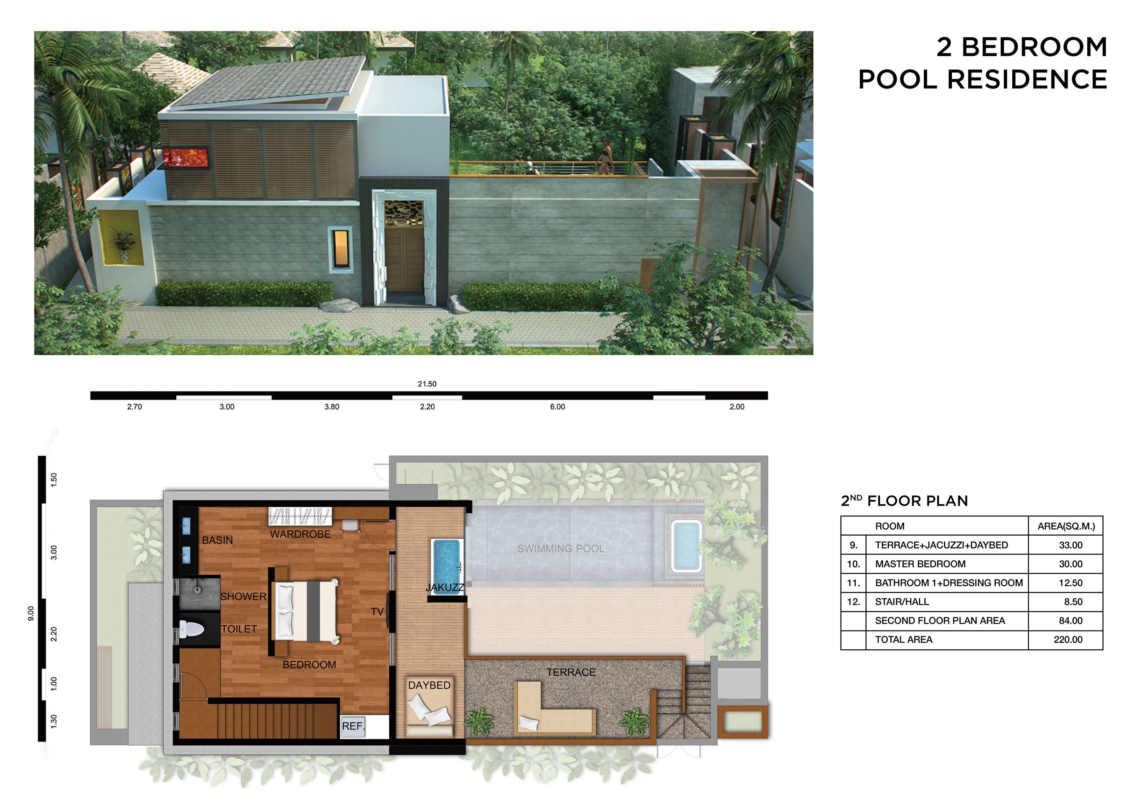 A 2-bedroom pool residence with a second-floor plan detailing rooms and their areas.