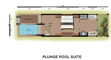 A floor plan of a plunge pool suite with a living area, bedroom, and a small garden.