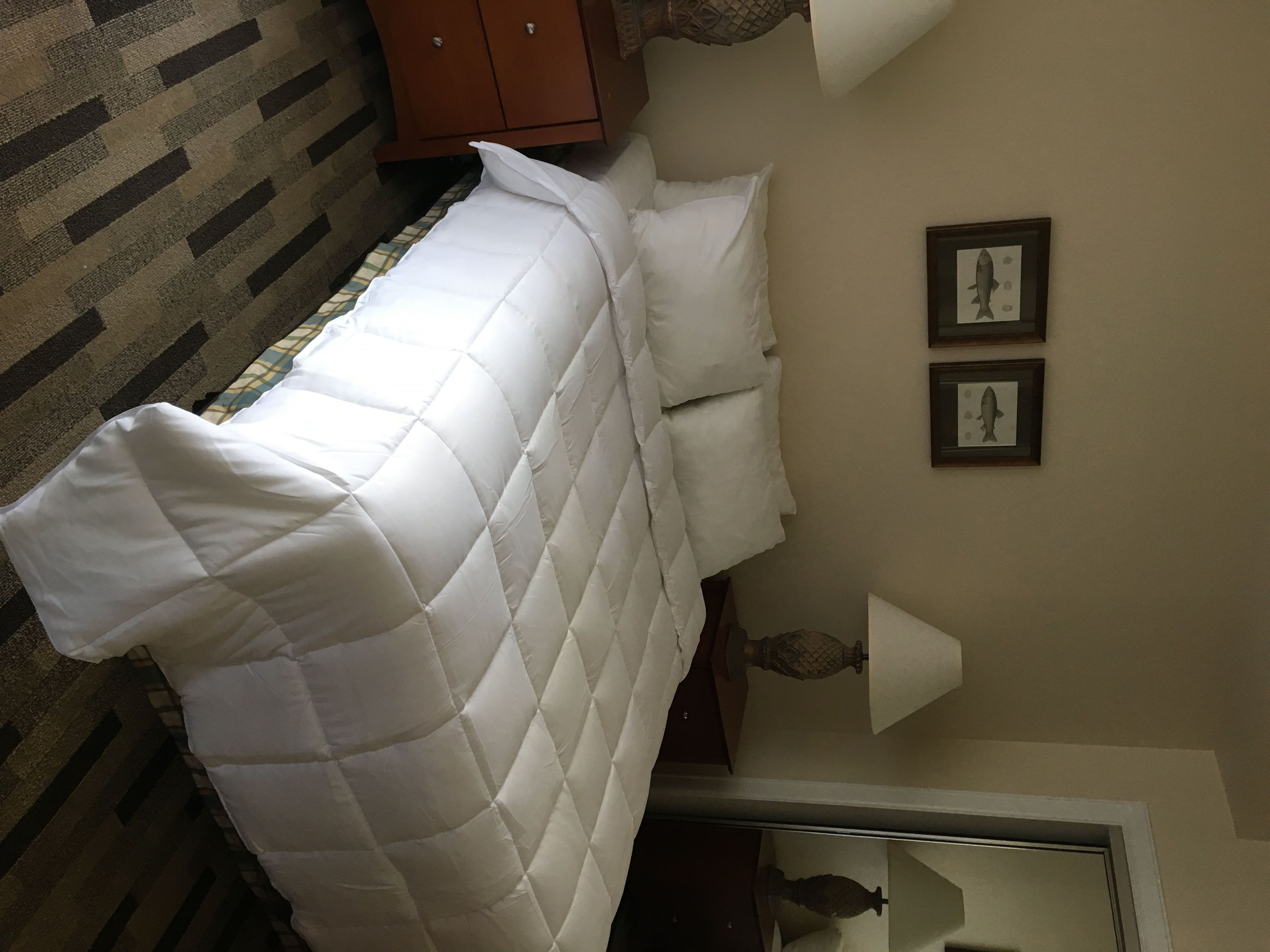 A neatly made bed with a white quilt, a wooden nightstand with a lamp, and two framed pictures on the wall.