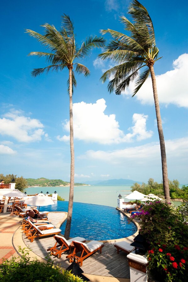 Outdoor pool, pool umbrellas, sun loungers