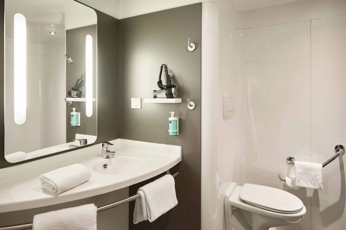 combined shower/bathtub, free toiletries, hair dryer, towels