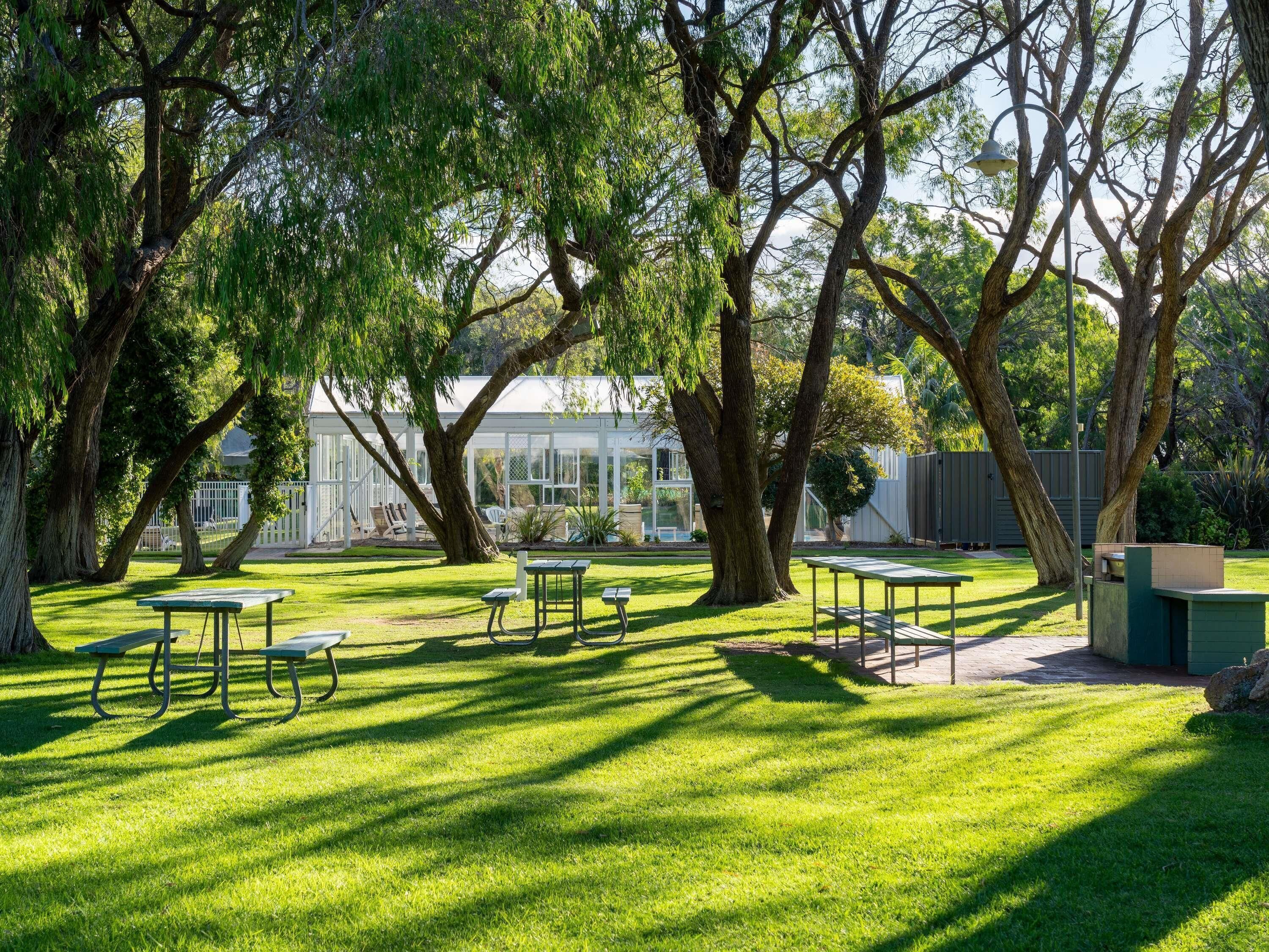 Un espacio exterior cuidado con mesas de picnic y árboles grandes que dan sombra.